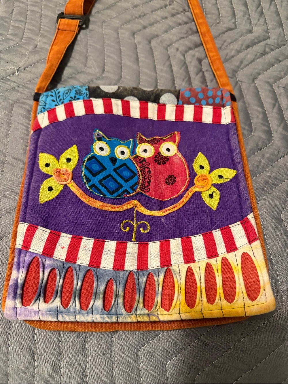 Multicolor Owl Appliqué Crossbody Bag with Burnt Orange Body/Strap